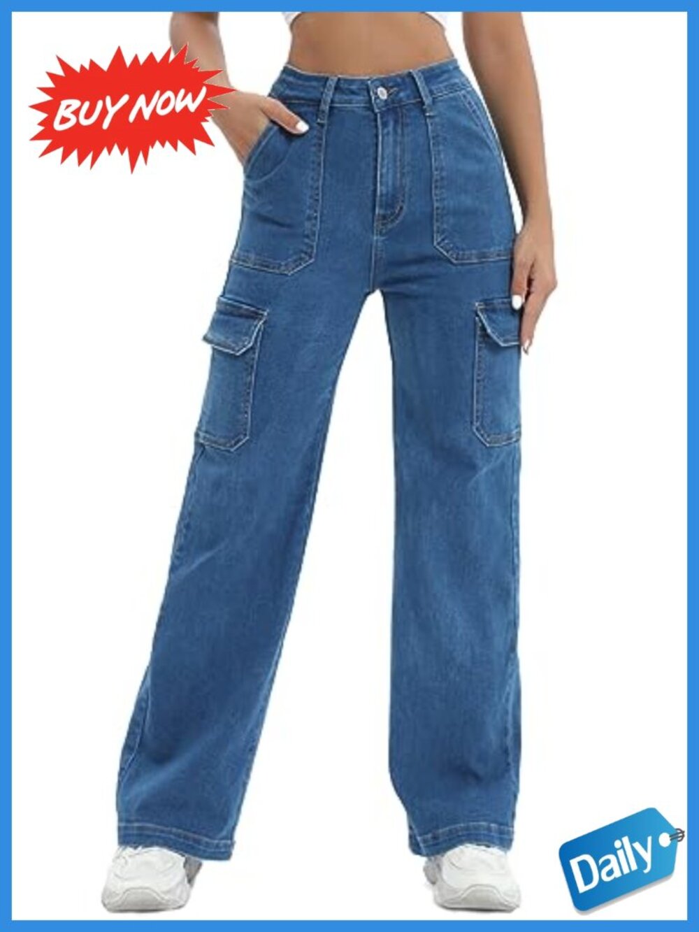 High Waist Cargo Jeans Straight Leg Stretchy Lightweight Women's Denim Pants